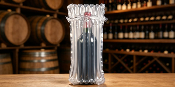 Inflatable air chambers cushioning a glass bottle