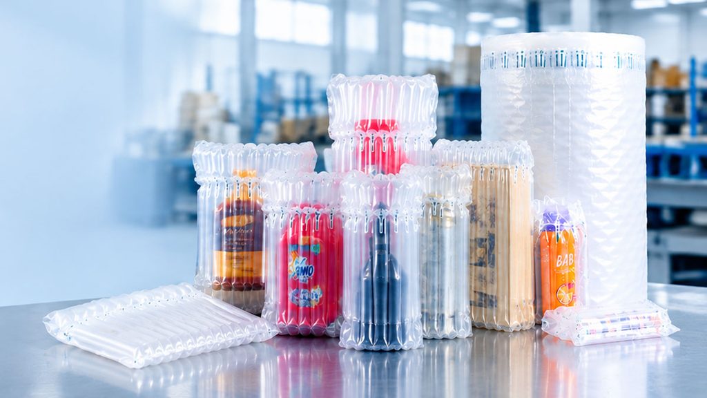 Air column bag protecting a glass bottle for shipping